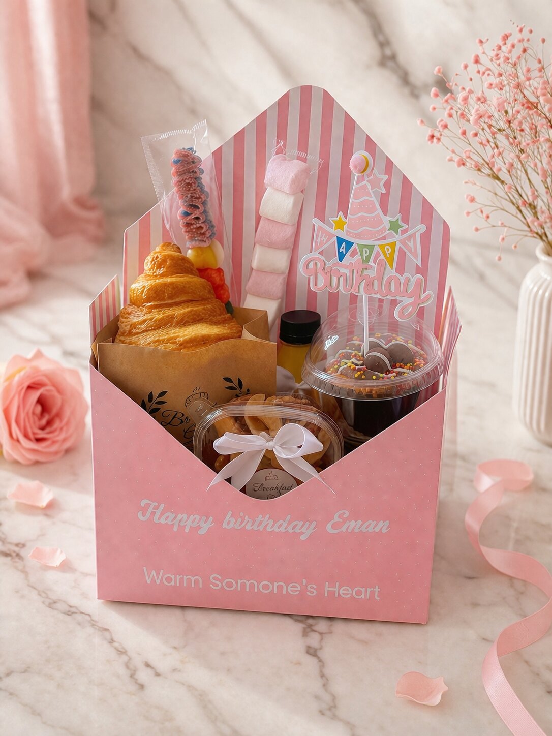 Sweet Birthday Envelope – Open pink envelope box with full contents and Happy Birthday topper visible from front angle